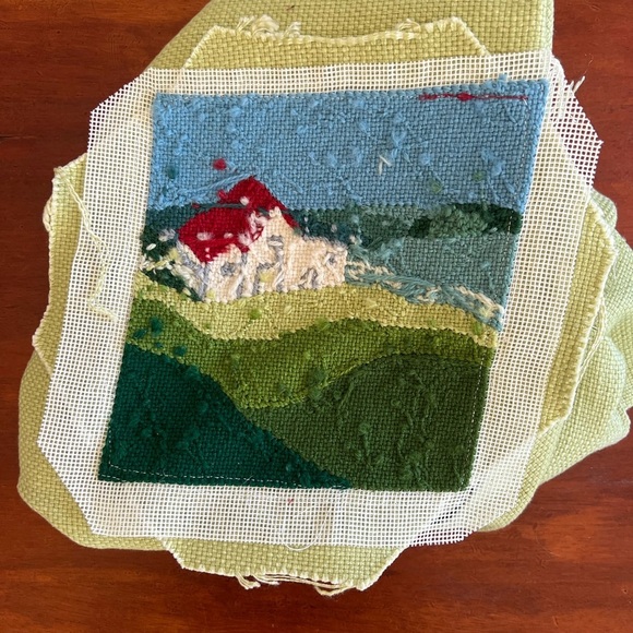 Needlepoint Pillow Scenic Farmhouse Landscape Handmade, 15x15” - Picture 5 of 7